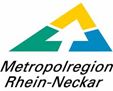 Logo Metropolregion Rhein-Neckar, ein gelbes, ein grünes und ein blaues V, welche ein Dreieck bilden, darunter stht in schwarzer Schrift der Name der Metropolregion